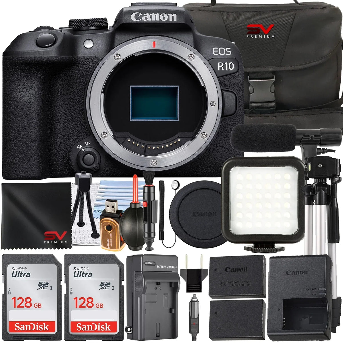 Canon EOS R10 Mirrorless Camera (Body Only) with 2 Pack SanDisk 128GB Memory Card + Case + LED Flash + SV Premium Accessory Bundle