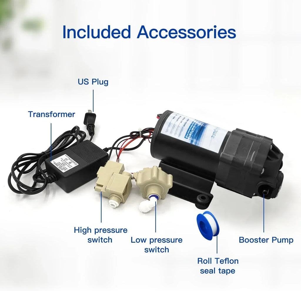 JIAH Reverse Osmosis Booster Pump Kit with Transformer + High and Low Pressure Switches + Fittings for 50-150 GPD RO System