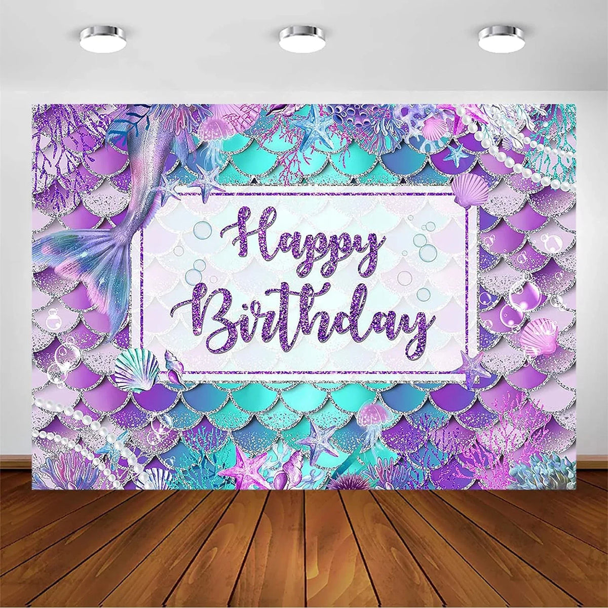 Mermaid Birthday Backdrop for Girl Under The Sea Bday Party Photography Background Glitter Purple Green Aqua