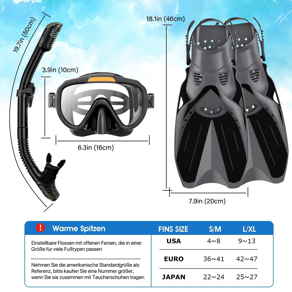 Snorkeling Gear for Adults Men Women,4 in 1 Snorkel Set with Panoramic View Diving Mask Anti-Fog Anti-Leak,Dry Top Snorkel,Fins and Travel Bag for Swimming,Snorkeling and Travel Diving