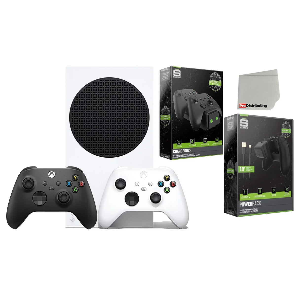 Microsoft Xbox Series S 512GB Digital Console with Extra Wireless Controller - Carbon Black - Surge CHARGEDOCK Dual Charge Base and Powerpack Battery/Charge Cable Bundle with Microfiber Cleaning Cloth