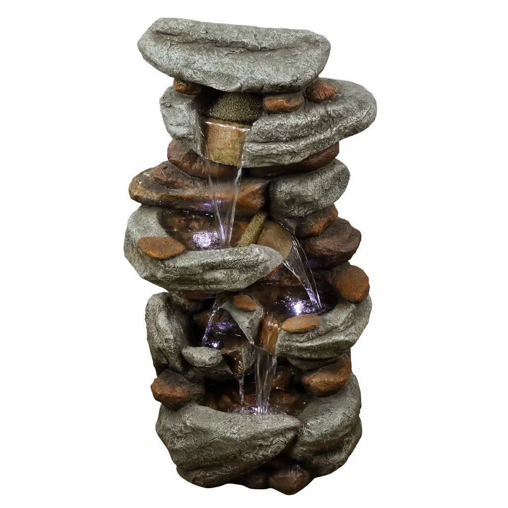 30-inch High Outdoor Water Fountain with LED Lights - Cascading Water Feature for Home, Garden, Patio and Deck Decor