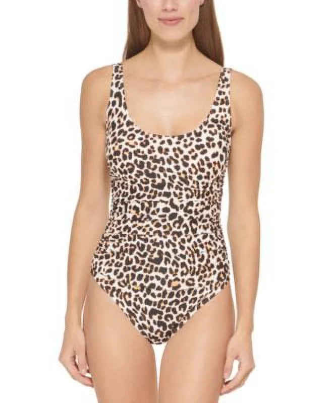 MSRP $98 Dkny Womens Animal-Print Mesh-Stripe One-Piece Swimsuit Natural Size 16