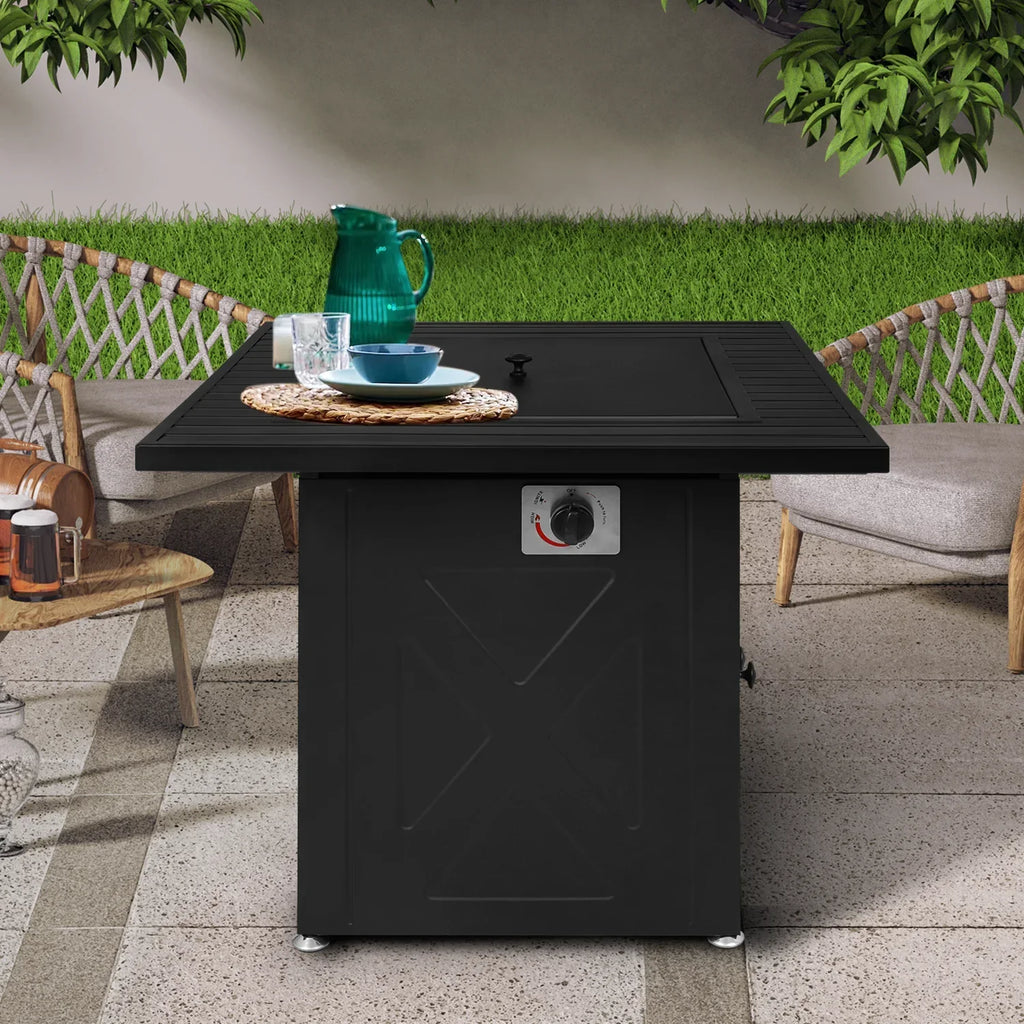 MoNiBloom 28" Fire Pit Table 50,000 BTU Square Propane Gas Fire Pit Table with Lava Rocks and Metal Lid for Outdoor Patio, Black