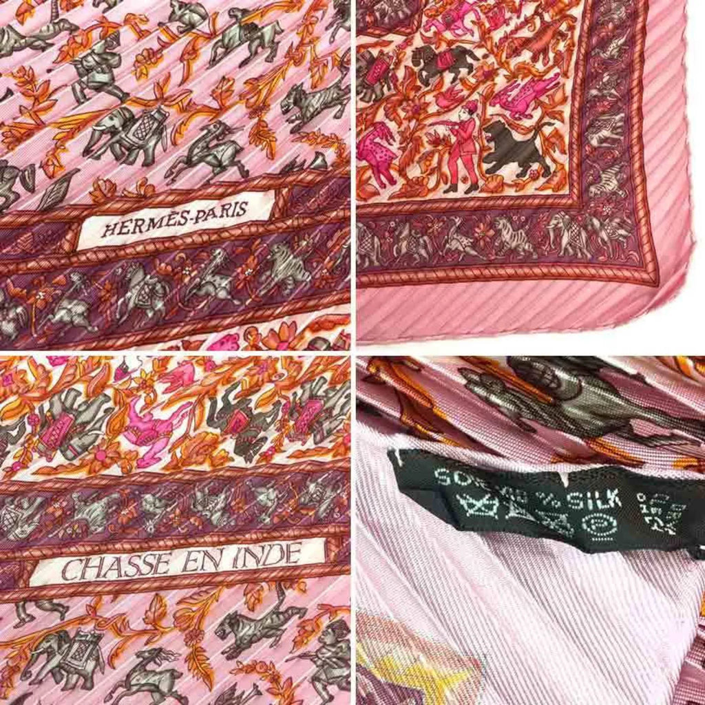 Pre-Owned HERMES Pleated Scarf Carre 90 CHASSE EN INDE Indian Hunting 100% Silk Pink Women's Hermes aq5273 (Like New)