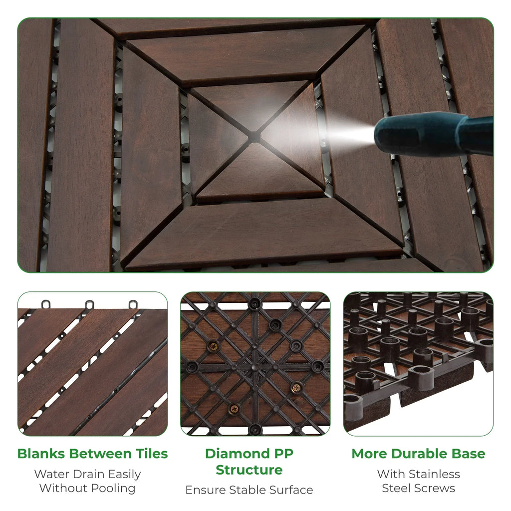 Interlocking Deck Tiles 12"x12"x0.94'' Dark Brown Acacia Wood 8 slant slats Patio Decor Flooring Tiles -Acacia Wood Interlocking Floor Tile -Interlocking Wood Flooring Squares Tile