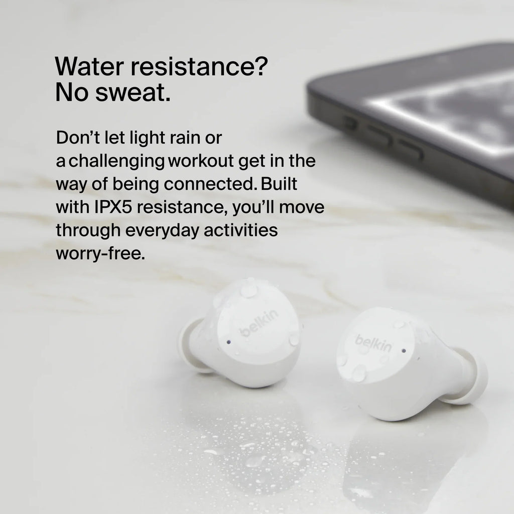 Belkin SoundForm™ Bolt, True Wireless Earbuds, Wireless Charging, IPX5 Sweat and Water Resistant, USB-C, Up to 28 Hours of Battery Life, iPhone, Galaxy, Pixel and More - White