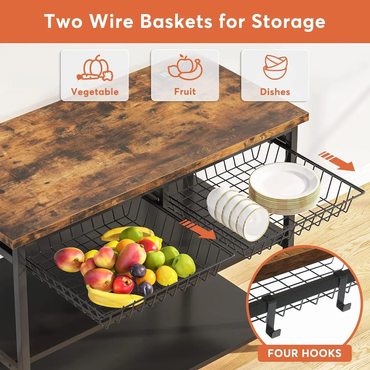 TJUNBOLIFE Kitchen Island with   Industrial Island Table with Power Outlets and Wire Baskets  3 Tier Microwave Oven Stand Butcher Block Island with Large Worktop  4 Hooks  Rustic Brown