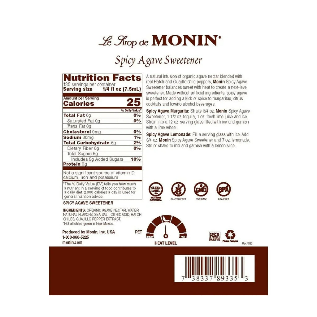 Monin Spicy Agave Sweetener - Bottle (1 Liter)