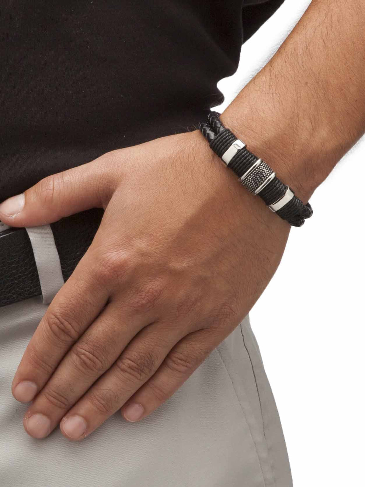 PalmBeach Jewelry Men's Tribal Bracelet With Magnetic Clasp in Stainless Steel and Braided Black Leather 8"