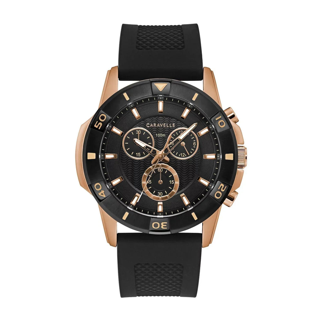 Caravelle Designed by Bulova Men's Black Chronograph Watch, Silicone Strap