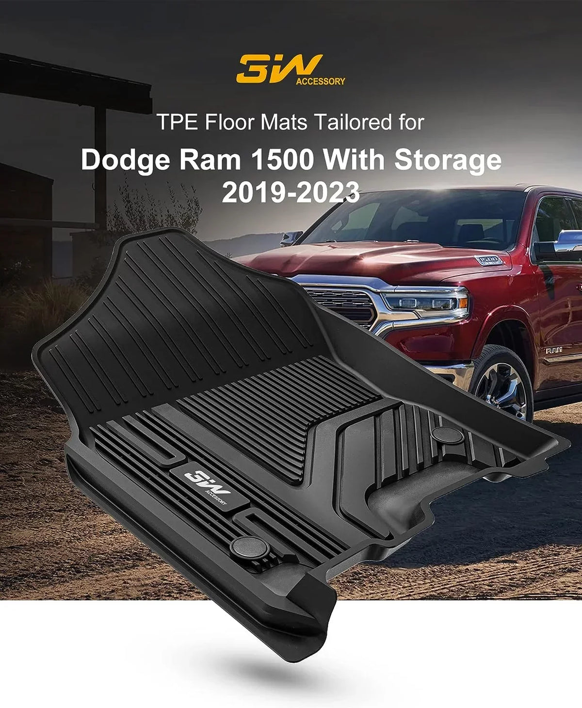 3W Floor Mats Fit for 2019-2023 Dodge Ram 1500 Crew Cab with Rear Under-Seat Factory Storage Bucket Seat, All Weather Car Liners Floor Liner Full Set Car Mats