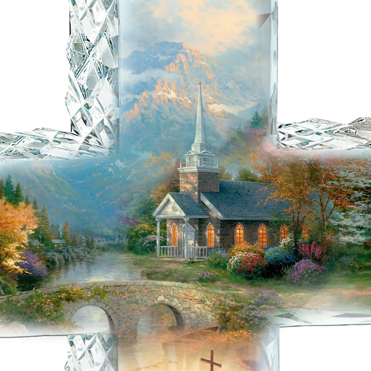Kinkade Faceted Crystalline Cross With Chapel Art And Uplifting Message