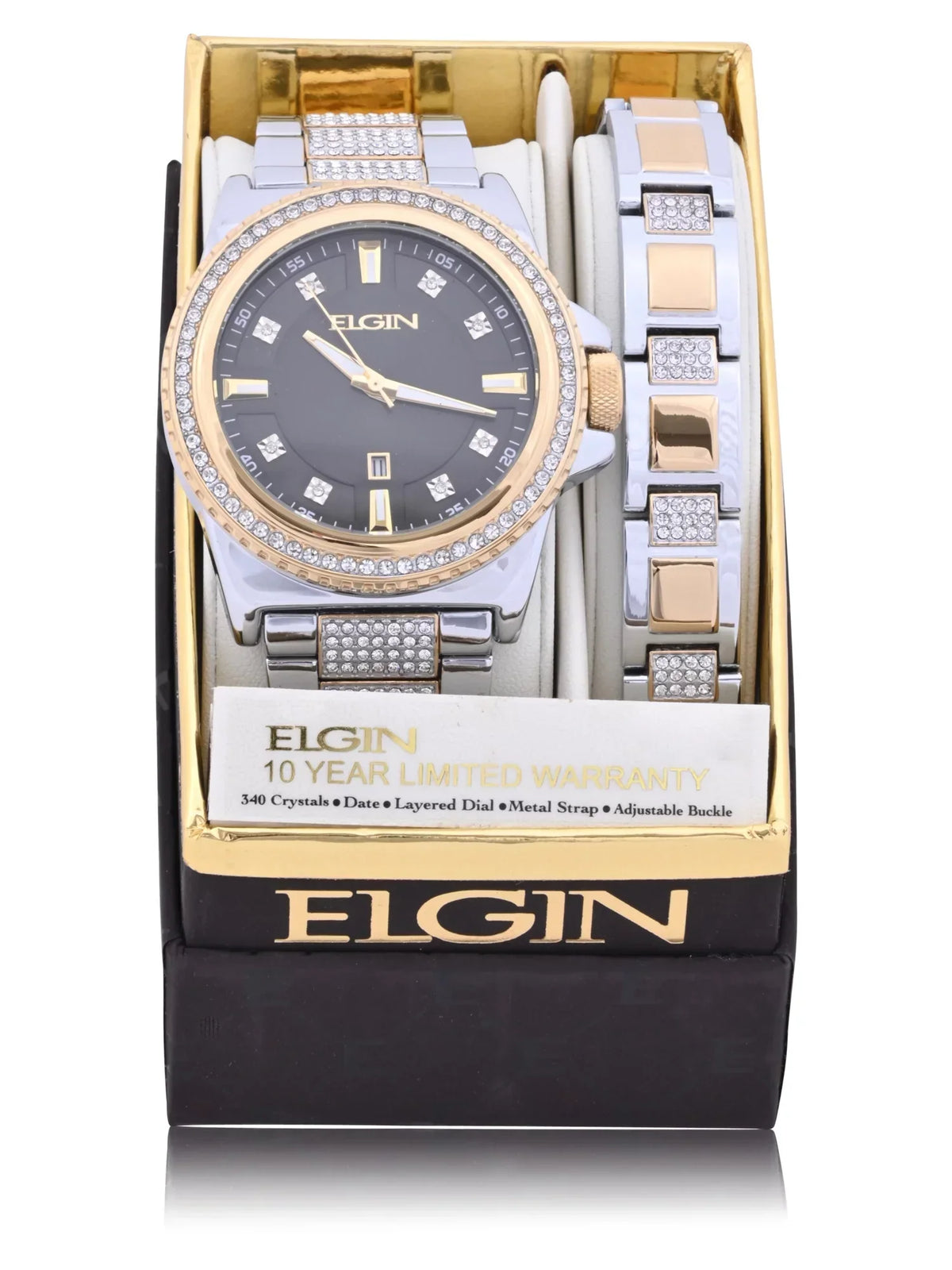 Elgin Adult Male Watch and Bracelet Set with Alloy Case and Stones in Silver and Gold (FG180015ST)