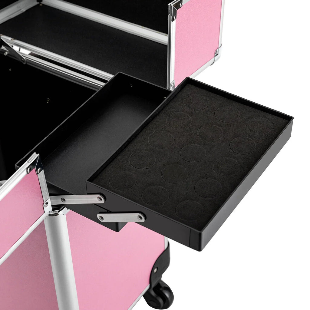 ZhdnBhnos Professional Rolling Extendable Makeup Train Case Cosmetic Trolley Storage Box Organizer (Pink)