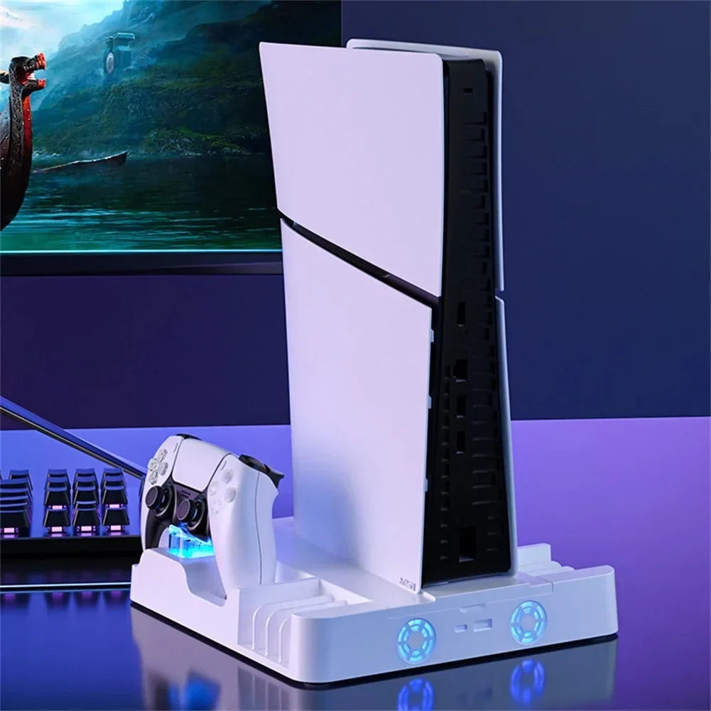Stand Cooling Station for PS5 Slim Game Console with Dual Controller Charging Station Game Slots Game Console Accessories-White