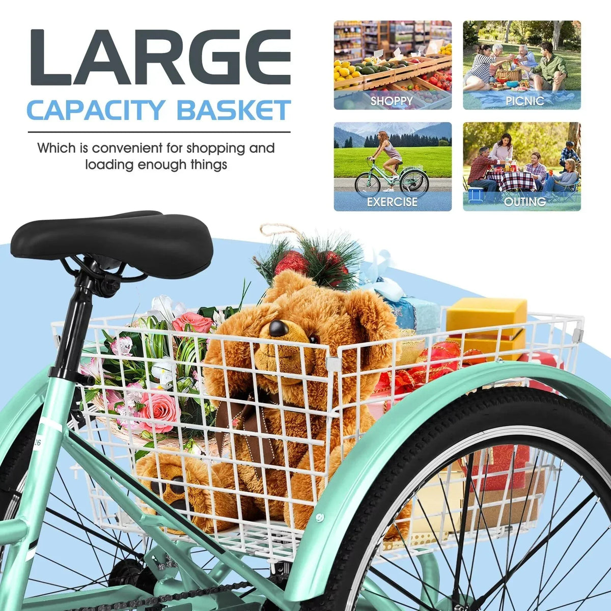 MOPHOTO Adults Mountain Tricycles, 24"/26"/27.5" 7-Speed Heavy Duty Trikes w/Spacious Basket 3-Wheeled Bike for Adventurous Rides, Shopping, Exercise, and Recreation