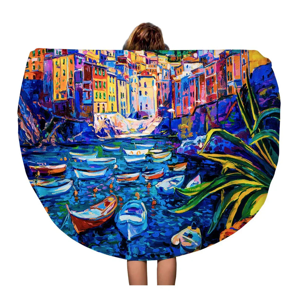 SIDONKU 60 inch Round Beach Towel Blanket Original Oil Painting on Canvas Boats and Old Town Travel Circle Circular Towels Mat Tapestry Beach Throw