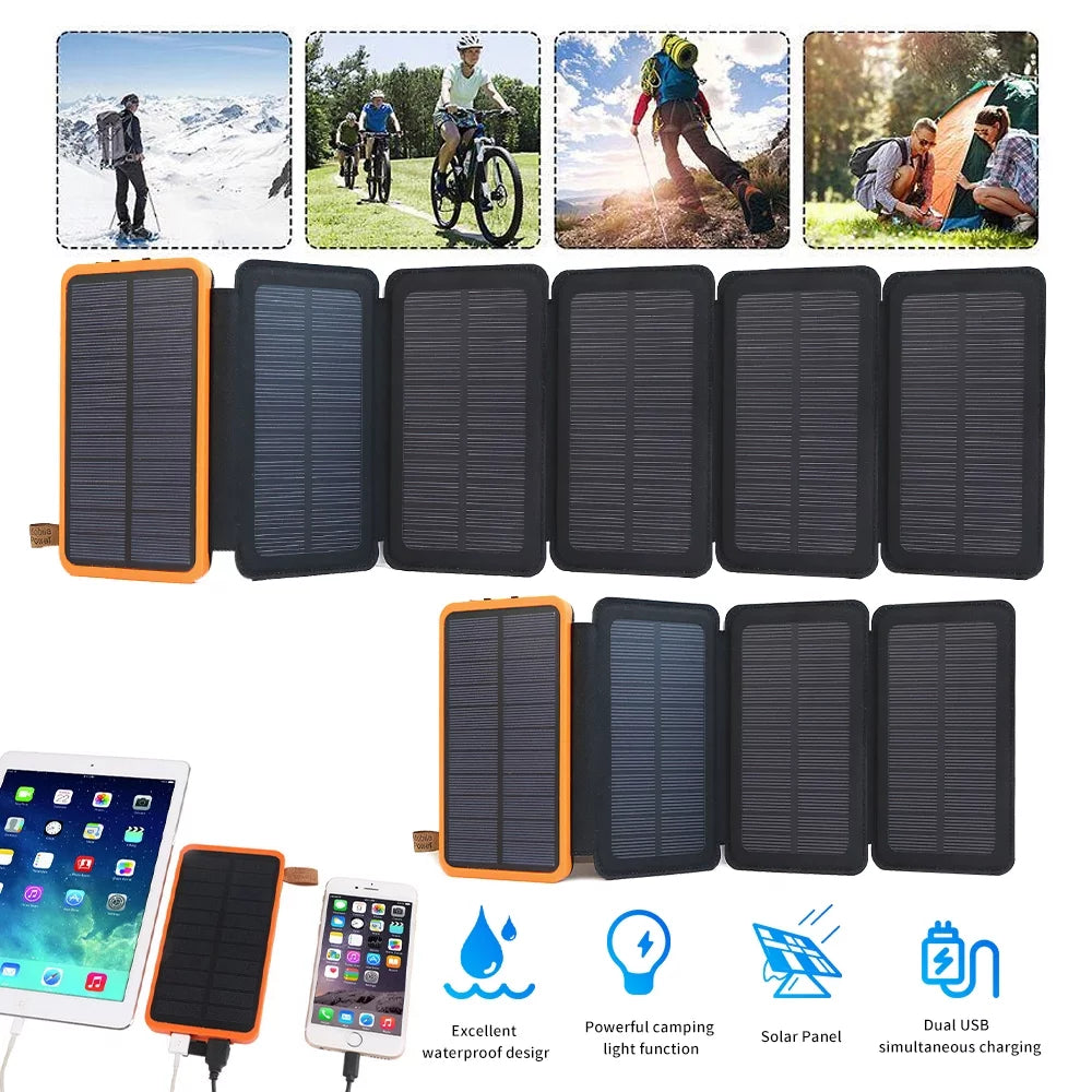 26000mAh 6 Solar Panel Portable Charger Folding Solar Power Bank External Battery with Flashlight For Cell Phone
