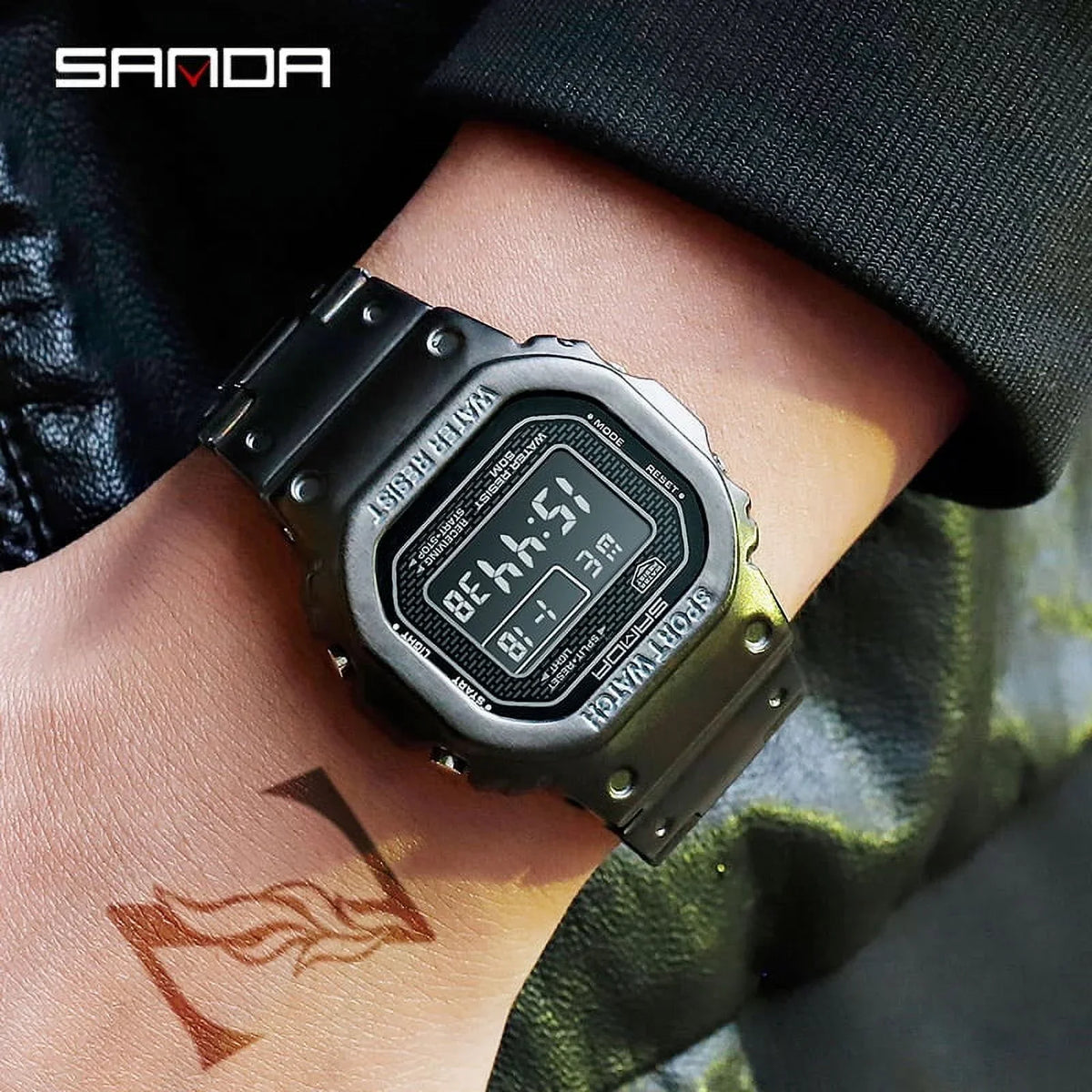 Sanda Top Brand Luxury Men's Watches Led Digital Watch Men 5atm Casual Waterproof Wristwatch Steel Clock Relogio Masculino 390 - Digital Wristwatches