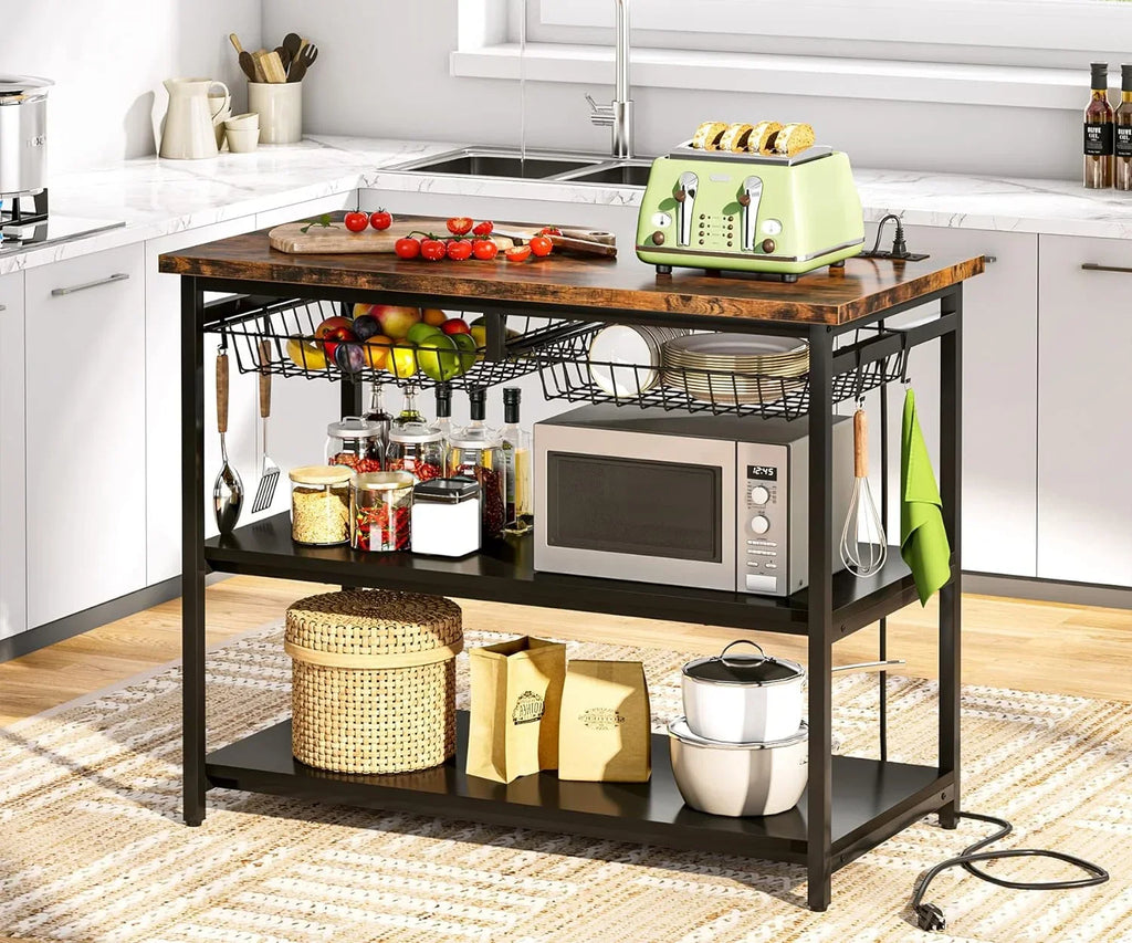 TJUNBOLIFE Kitchen Island with   Industrial Island Table with Power Outlets and Wire Baskets  3 Tier Microwave Oven Stand Butcher Block Island with Large Worktop  4 Hooks  Rustic Brown