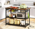 TJUNBOLIFE Kitchen Island with   Industrial Island Table with Power Outlets and Wire Baskets  3 Tier Microwave Oven Stand Butcher Block Island with Large Worktop  4 Hooks  Rustic Brown