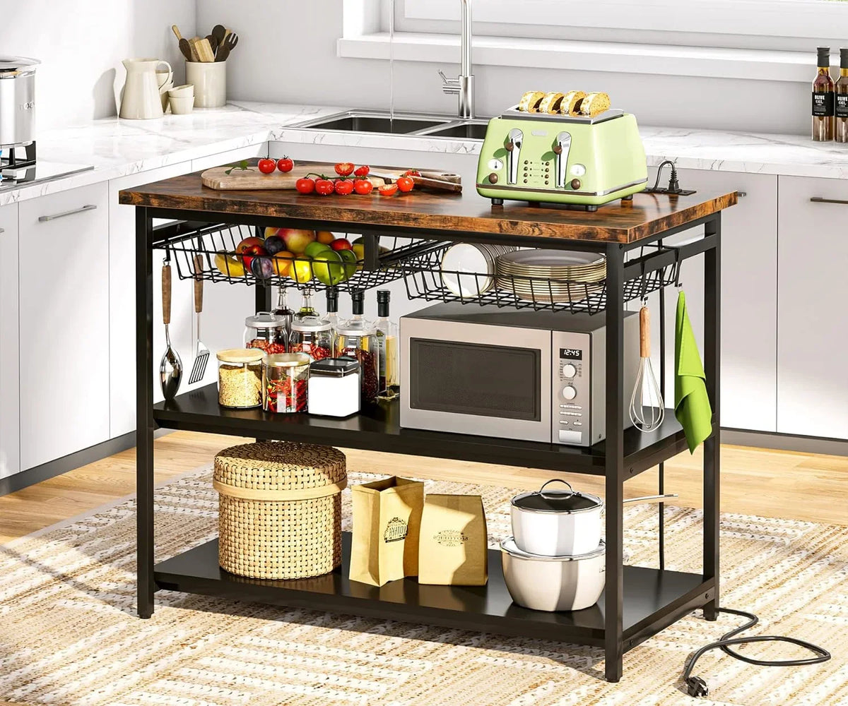 TJUNBOLIFE Kitchen Island with   Industrial Island Table with Power Outlets and Wire Baskets  3 Tier Microwave Oven Stand Butcher Block Island with Large Worktop  4 Hooks  Rustic Brown