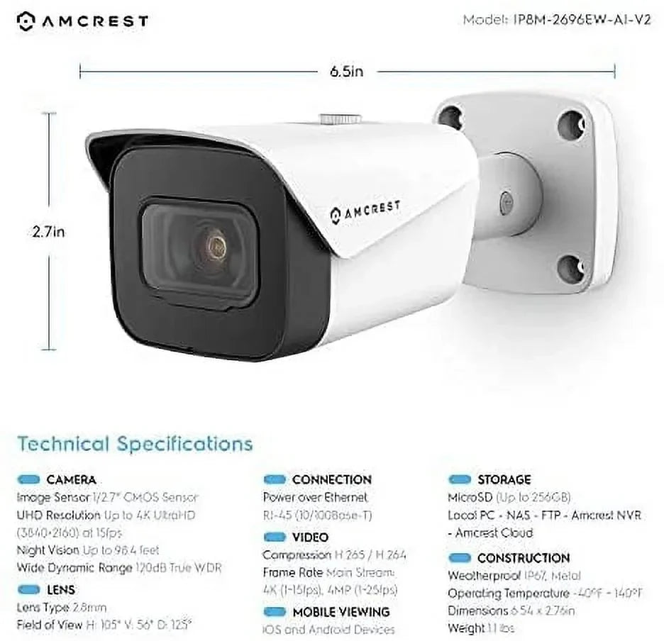 2-Pack Amcrest UltraHD 4K (8MP) Bullet POE IP Camera, 3840x2160, 131ft NightVision, 2.8mm Lens, IP67 Weatherproof, MicroSD Recording, White (2PACK-IP8M-2496EW)