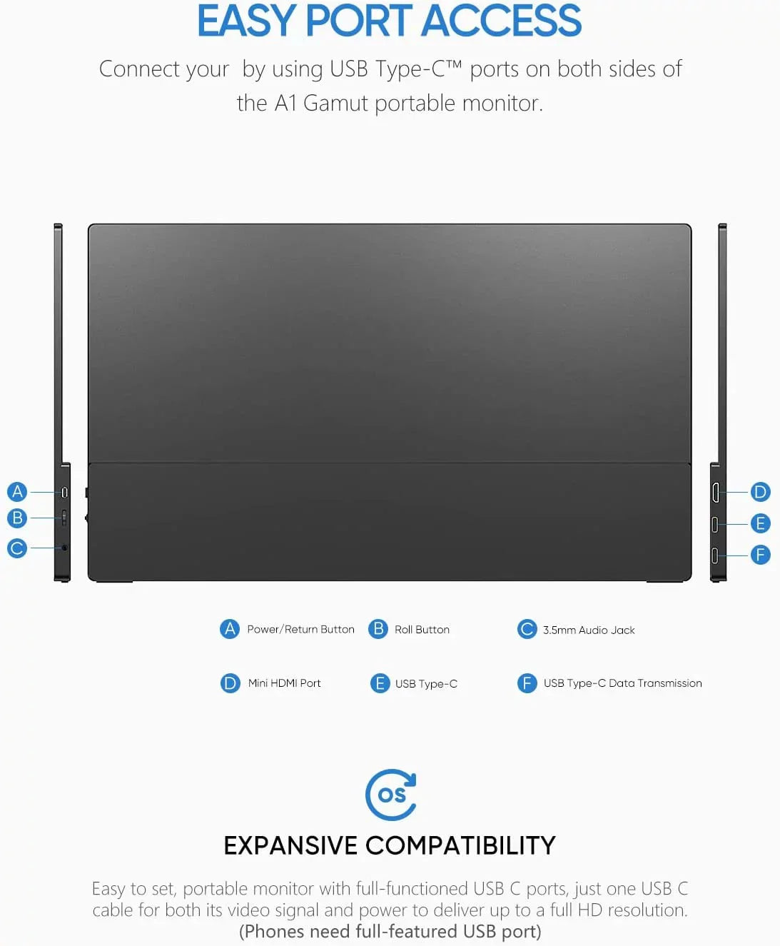 Arzopa Portable Monitor 15.6'' FHD 1080P Portable Laptop Monitor IPS Computer External Screen USB C HDMI Display - A1 GAMUT