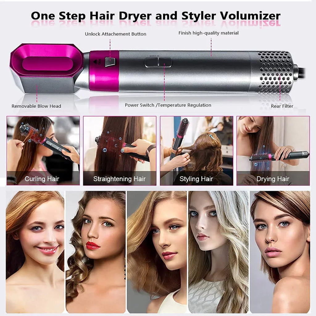 5-in-1 Electric Hair Dryer Brush - Negative Ionic Hair Styler with Detachable Brush Heads - Blow Dryer Brush for Straightening and Automatic Curling Styling, Color: Pink