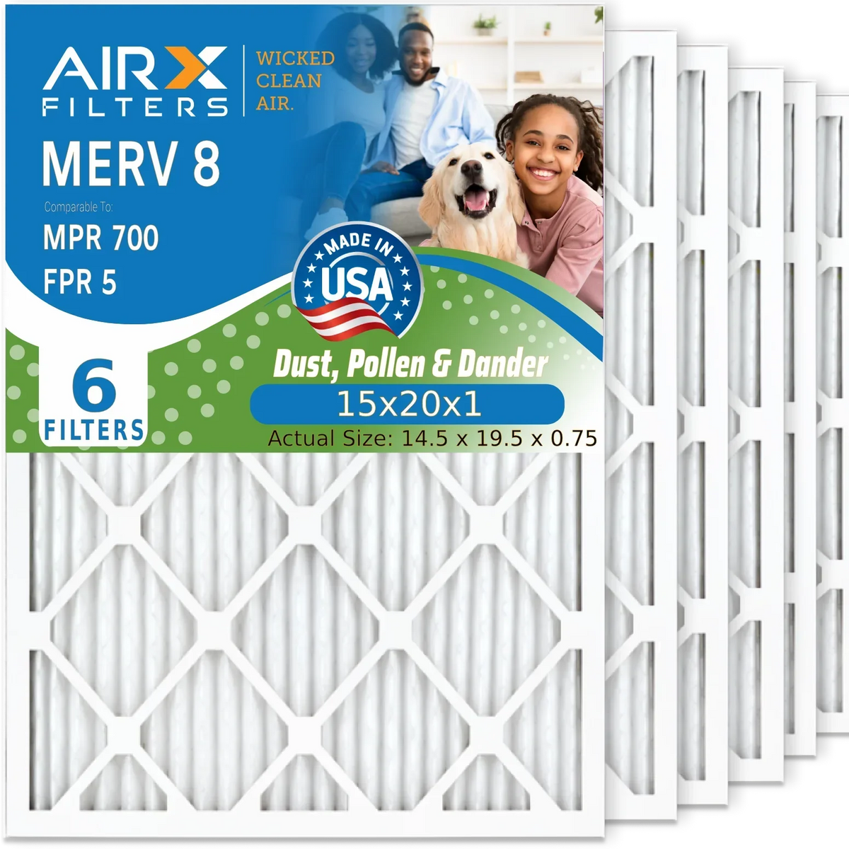15x20x1 Air Filter MERV 8 Comparable to MPR 700 & FPR 5 Compatible with Lennox 91X24 Filter 6 Pack MERV 8 Comparable to MPR 700 & FPR 5 by AIRX FILTERS WICKED CLEAN AIR.