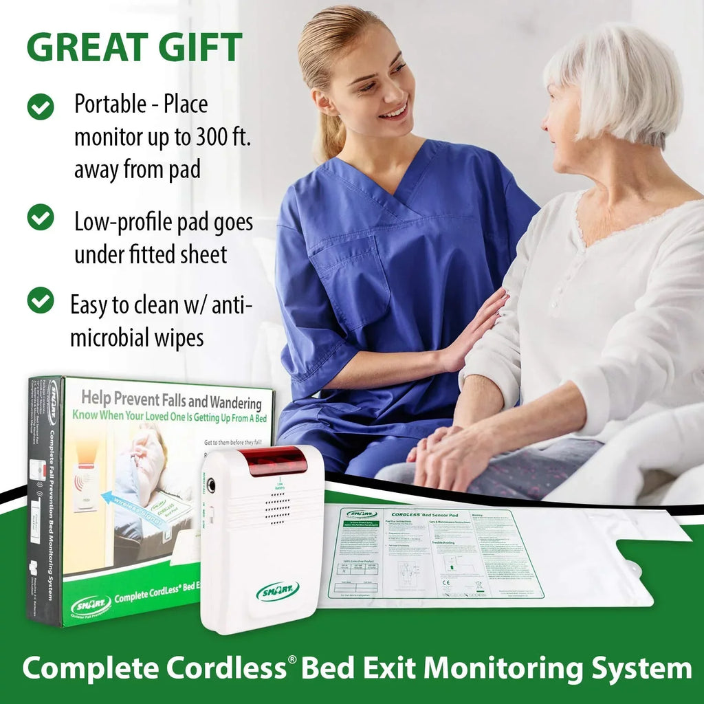 Smart Caregiver Cordless Bed Exit Monitoring System Alarm with Bed Pressure Sensing Pad - Help Prevent Falls and Wandering While Unattended, 2 Piece Set