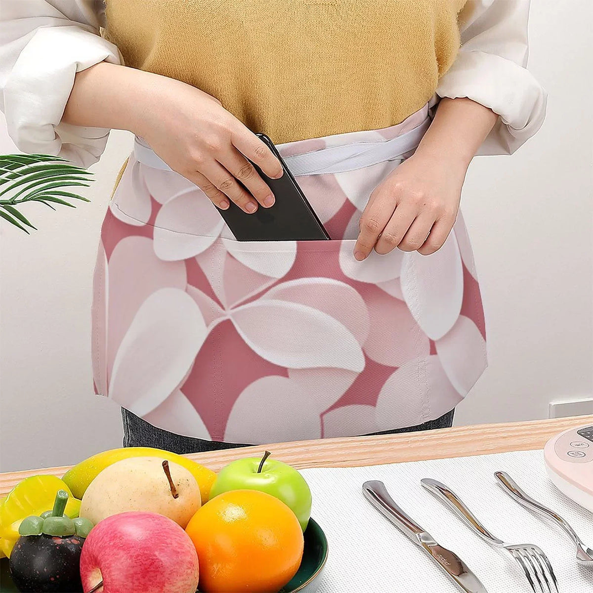 Pink Petal Half Body Apron Women's Polyester Material Durable and Fashionable Cooking with Pocket