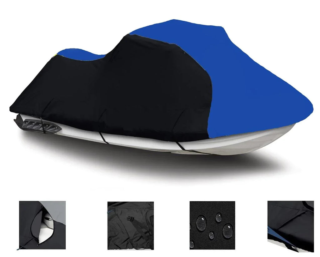 BLACK / BLUE HEAVY-DUTY, 600 DENIER PWC Jet Ski Cover Compatible for 1994 1995 1996 1997 1998 Kawasaki STX 750 Trailerable