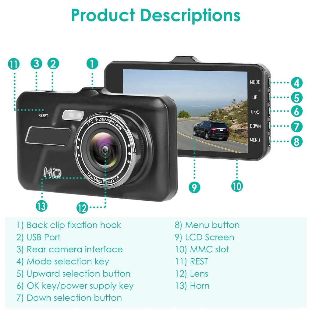 Front and Rear 1080P Dashcams for Cars iMounTEK Dual Dash Cam with 4in Touch IPS Screen Car Camera Driving Recorder for Taxi