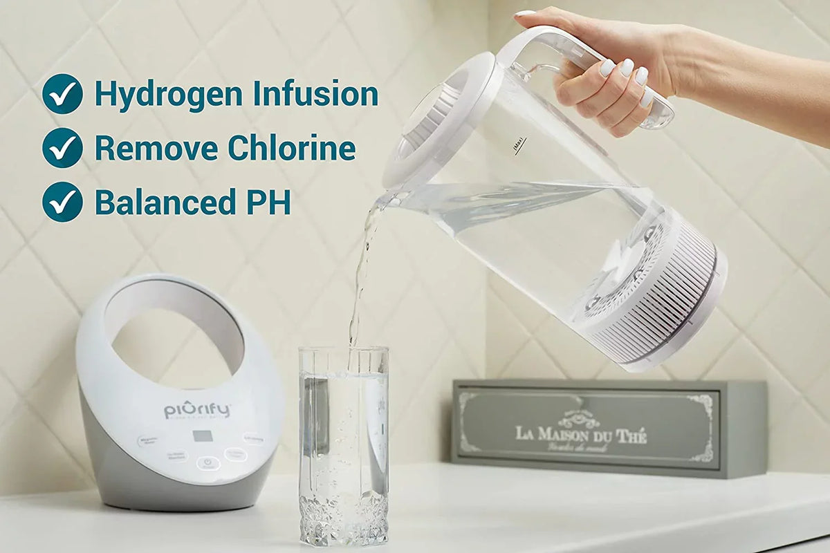 Hydrogen Alkaline Water Pitcher - Rich Hydrogen Water Generator Electrolysis Jug with SPE and PEM Concentrator Technology. Balanced Purified Water PH Levels and Filtered with Calcium Sulf