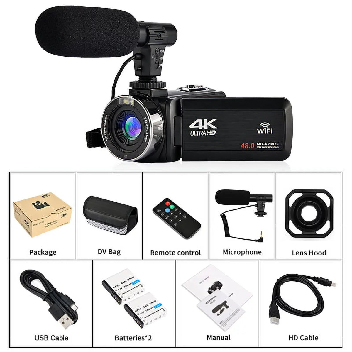4K Camcorder Vlogging Camera for Youtube Ultra HD 48MP Video Camera with Microphone & Remote Control Wifi Digital Camera 3.0" IPS Touch Screen