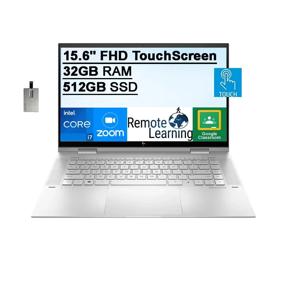 HP 2021 Envy 2-in-1 15.6" FHD Touchscreen Laptop Computer, 11th Gen Intel Core i7-1195G7, 32GB RAM, 512GB PCIe SSD, Backlit Keyboard, Intel Iris Xe Graphics, HD Webcam, Win 11, Silver, 32GB USB Card