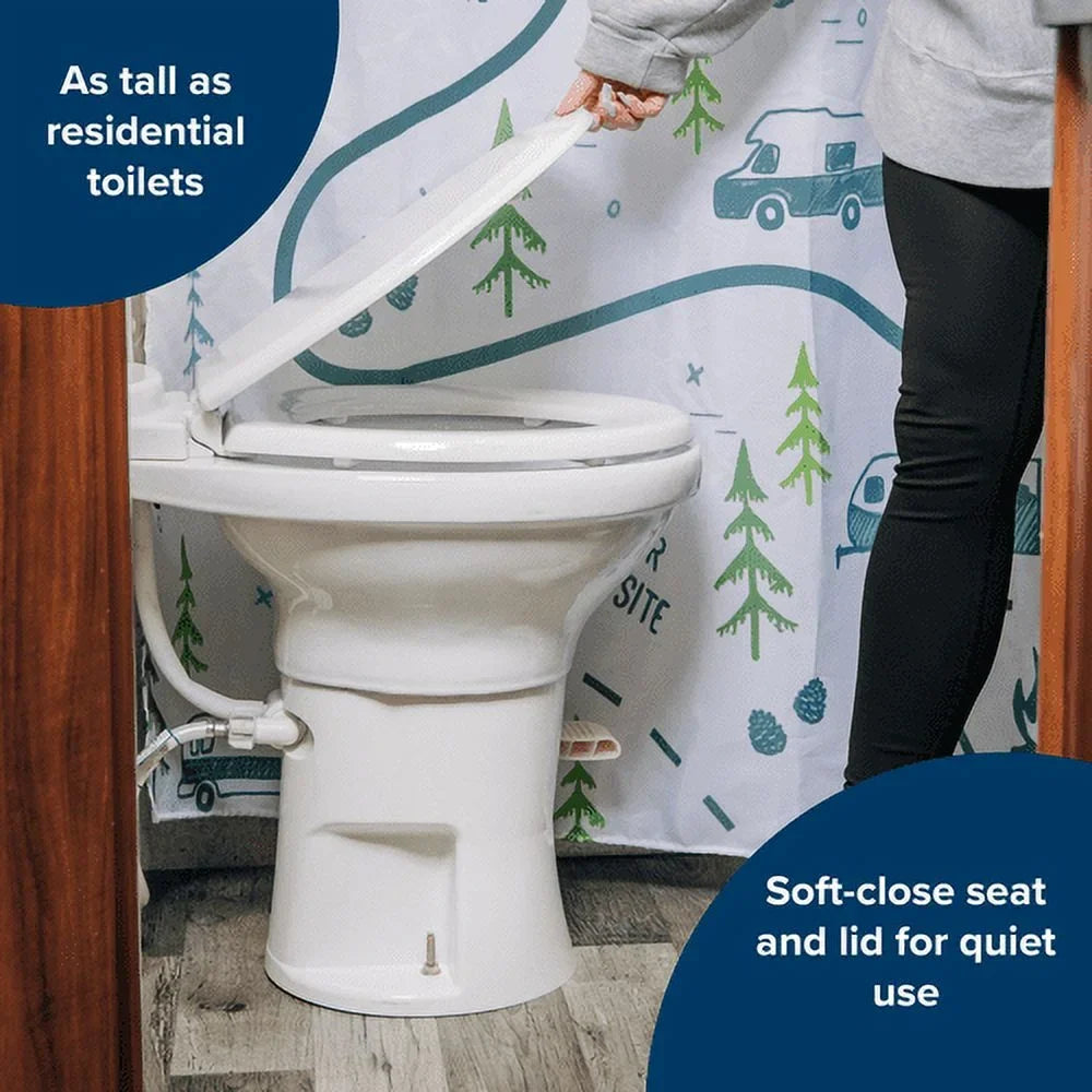 Camco Premium Ceramic Camper/RV Toilet | Features a Gravity Flush System with Convenient Foot Pedal & Full-Sized Ergonomic Design with 18-In Chair Height | Includes Soft-Close Wood Seat & Lid (41710)
