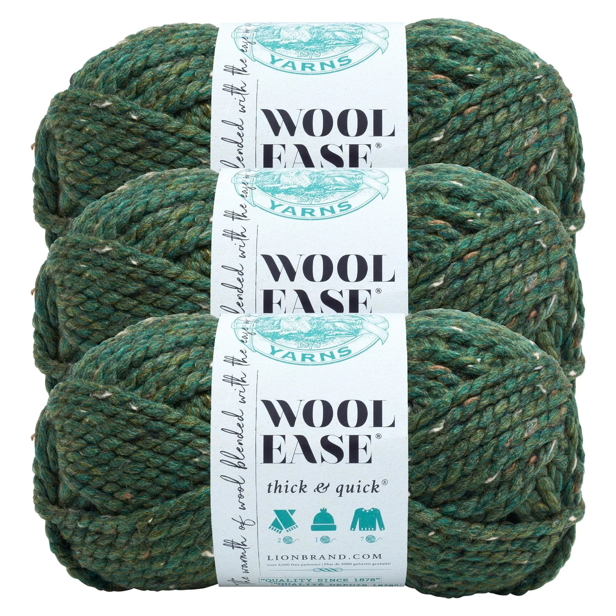 Lion Brand Yarn Wool-Ease Thick & Quick Super Kale Bulky Acrylic, Wool Green Yarn 3 Pack