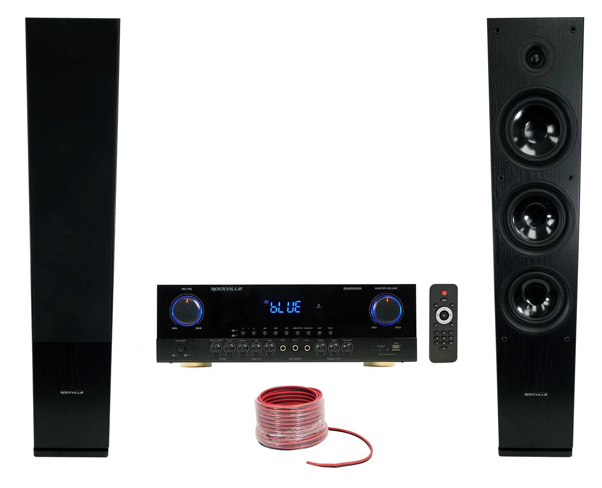 Rockville SINGMIX 5 2000w Bluetooth Home Receiver Mixer+(2) Black Tower Speakers
