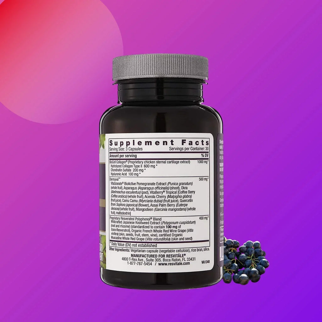 ResVitale Ultra Collagen Enhance - Anti Aging Skin Care and Joint Supplement with Hydrolyzed Collagen Peptides, Hyaluronic Acid, Resveratrol, Grape Seed Extract and Dermaval Bioactive Blend, 90 Caps