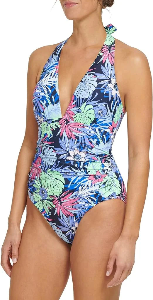 Tommy Hilfiger NEO MINT ALOHA FLORAL Standard Halter One-Piece Swimsuit, US 12
