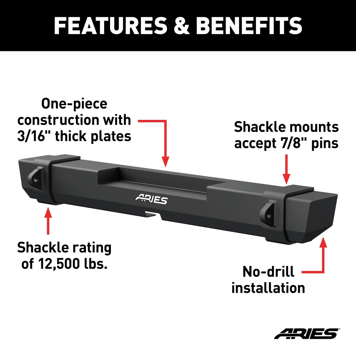 ARIES 2157000 TrailCrusher Black Steel Jeep Wrangler JK Rear Bumper, 12,500 lbs Shackle Rating Fits select: 2008,2015-2018 JEEP WRANGLER UNLIMITED