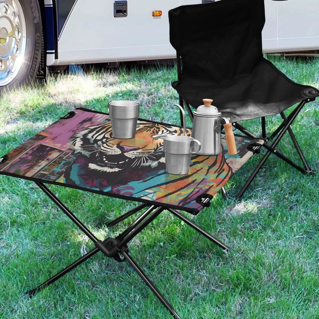 Tiger Abstract Camping Foldable Portable Table Beach Table with Storage Bag Compact Picnic Table for Outdoor Hiking Fishing BBQ