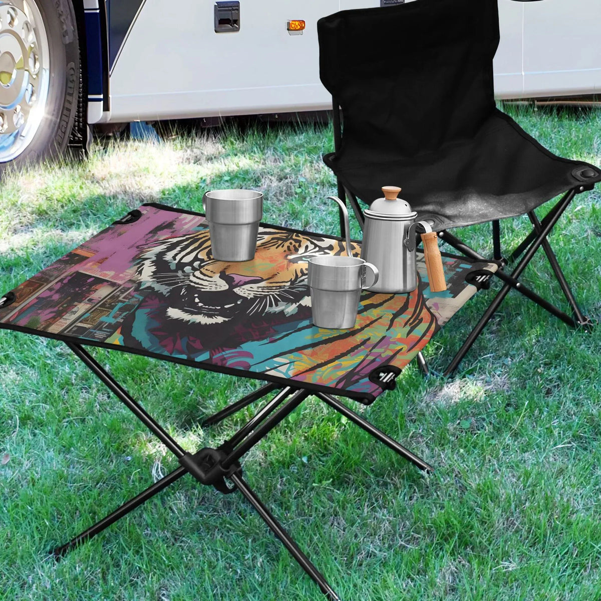Tiger Abstract Camping Foldable Portable Table Beach Table with Storage Bag Compact Picnic Table for Outdoor Hiking Fishing BBQ