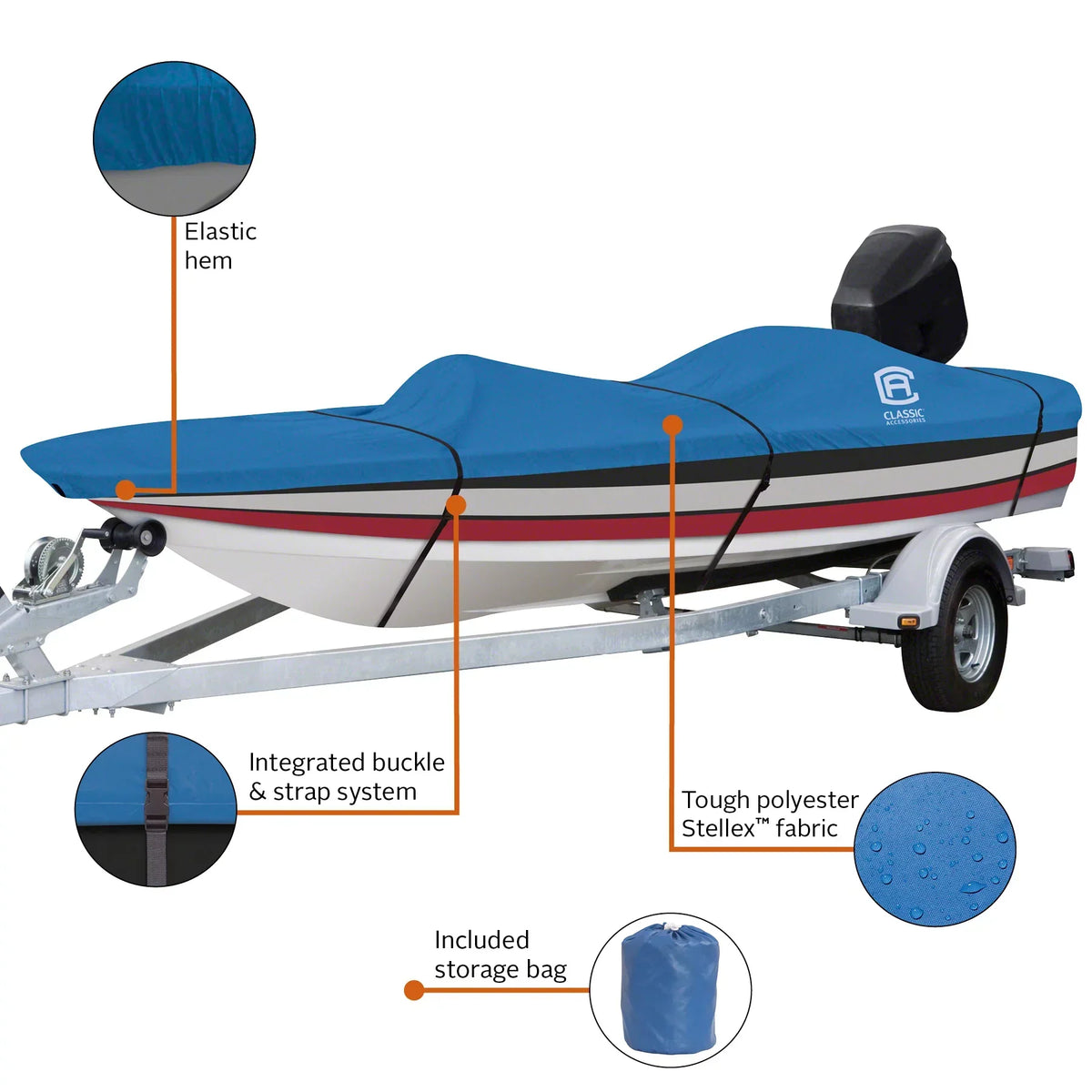 Classic Accessories Stellex™ All Seasons Boat Cover, Fits Boats 14' - 16' L x 90" W, Trailerable Boat Cover with Polyester Fade-Resistant Fabric, Model B