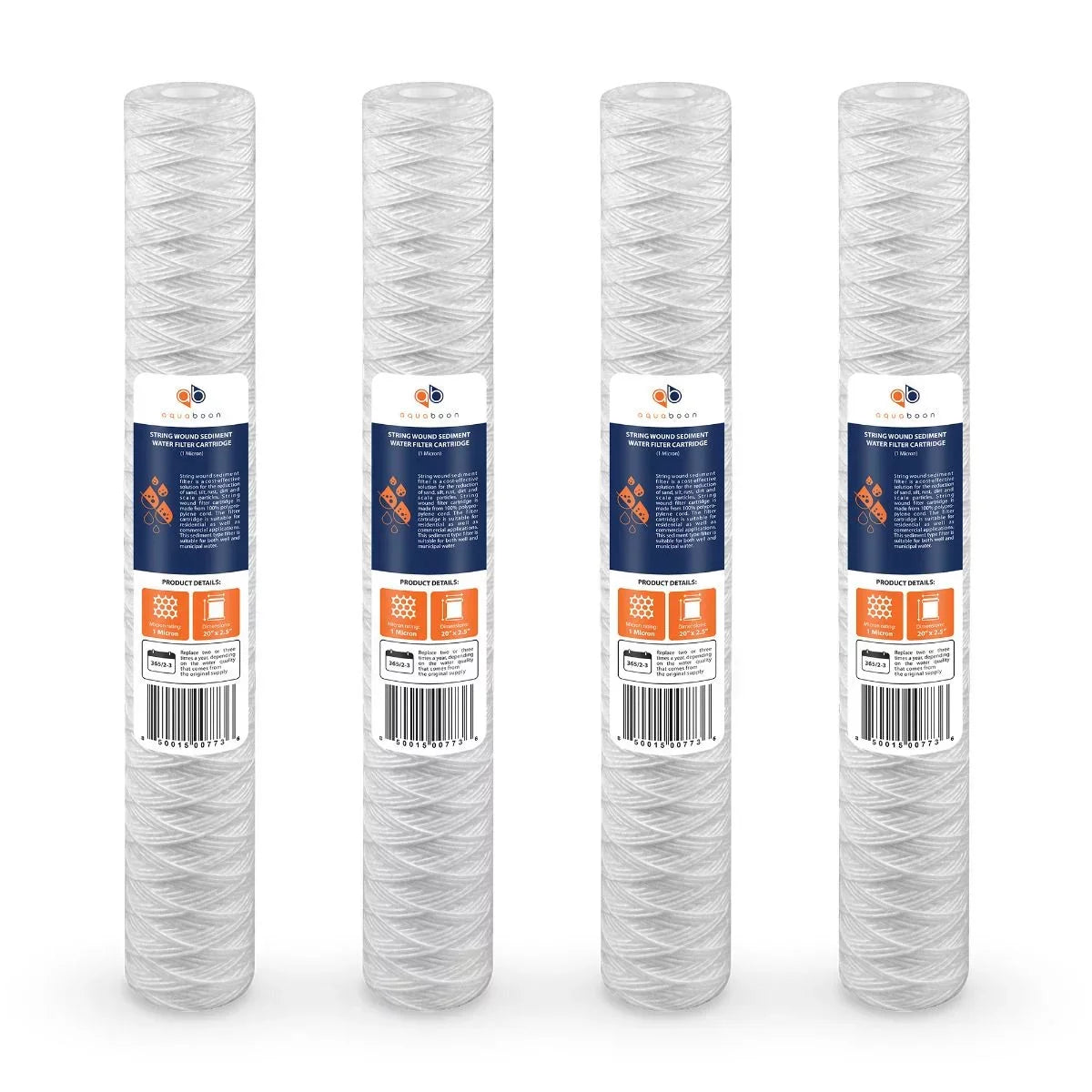 Aquaboon 1 Micron 20" x 2.5" String Wound Sediment Water Filter Cartridge | Universal Replacement for Any 20 inch RO Unit | Compatible with 101-230, PD-5-20, AP110-2C, P5-20, CFS124-C20, 4-Pack
