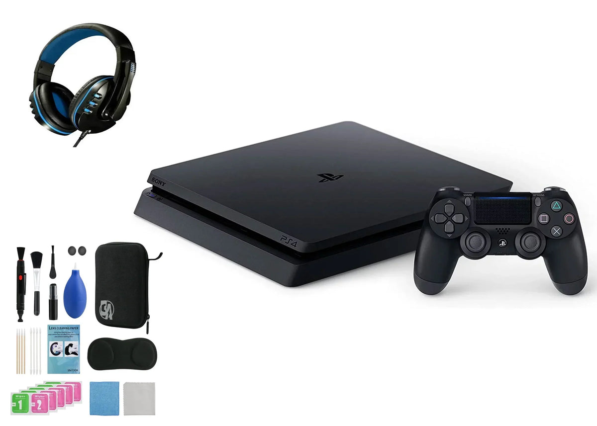 Sony 2215B PlayStation 4 Slim 1TB Gaming Console Black, Headset With BOLT AXTION Cleaning Kit Bundle Like New