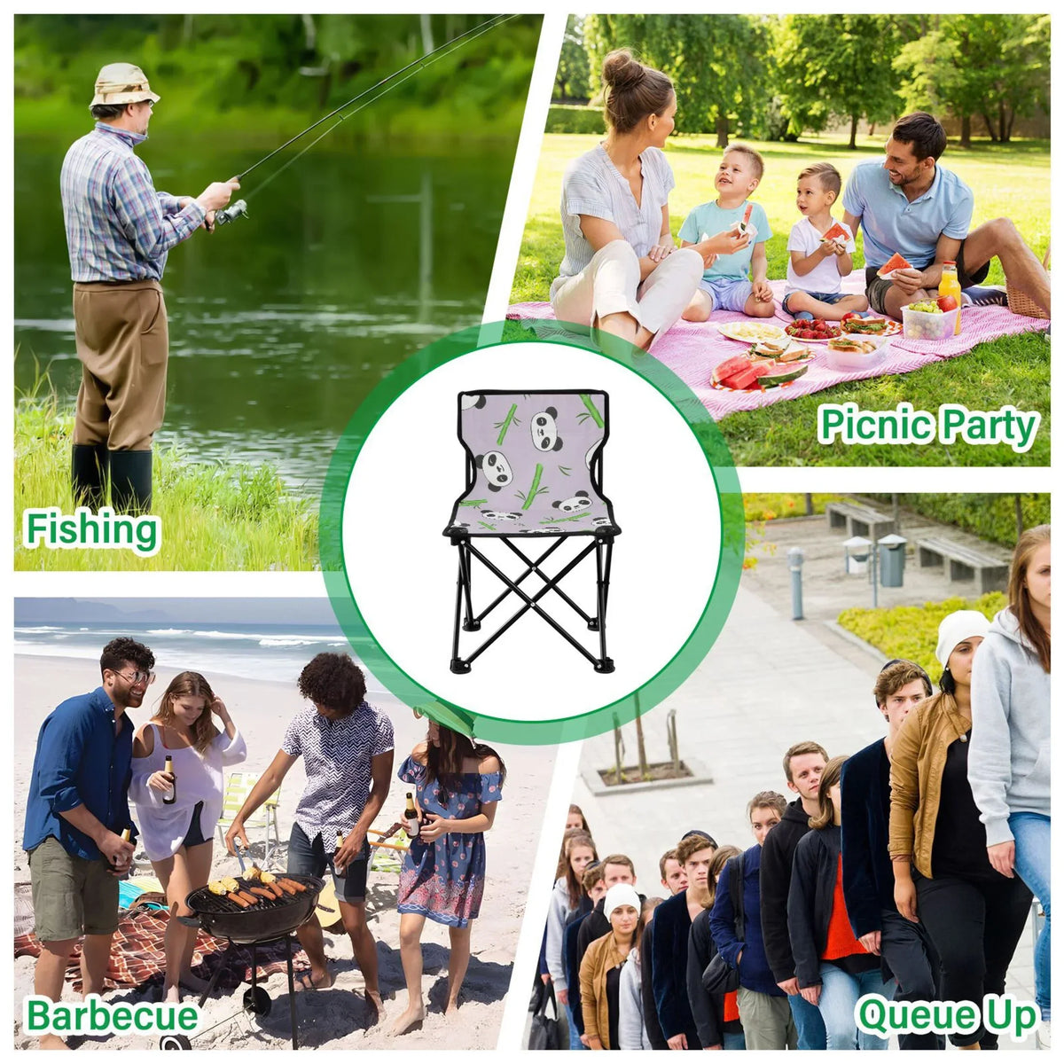 Panda and Bamboos Portable Camping Chair Outdoor Folding Beach Chair Fishing Chair Lawn Chair with Carry Bag Support to 220LBS